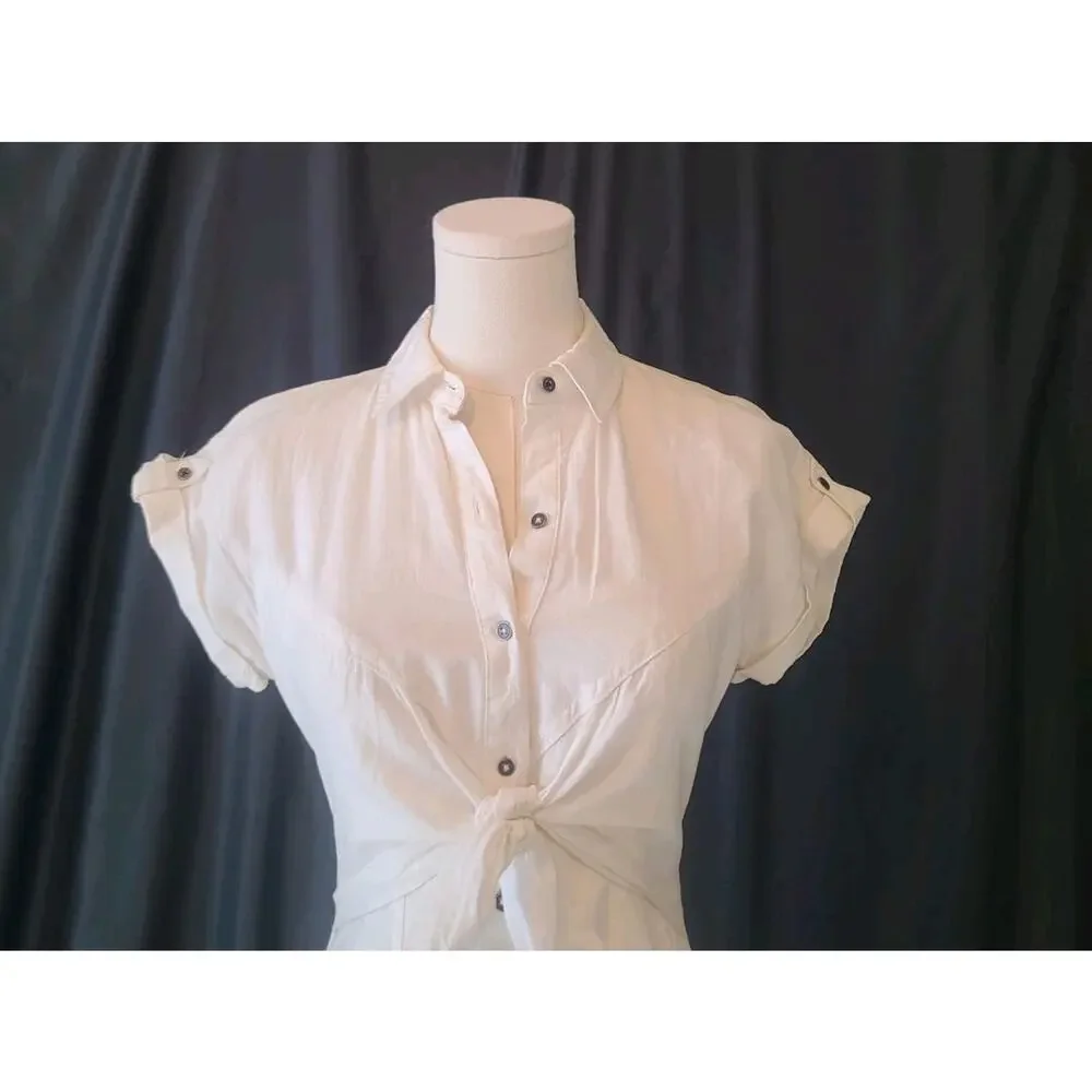 Anthropologie Maeve Womens Elspeth White Linen Blend Tie Front Shirt Dress US 0P